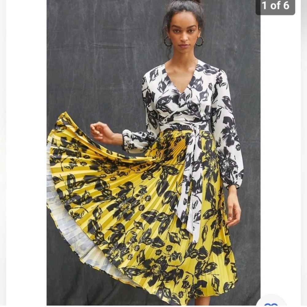 Anthropologie Black and Yellow Floral Long Sleeve Dress
